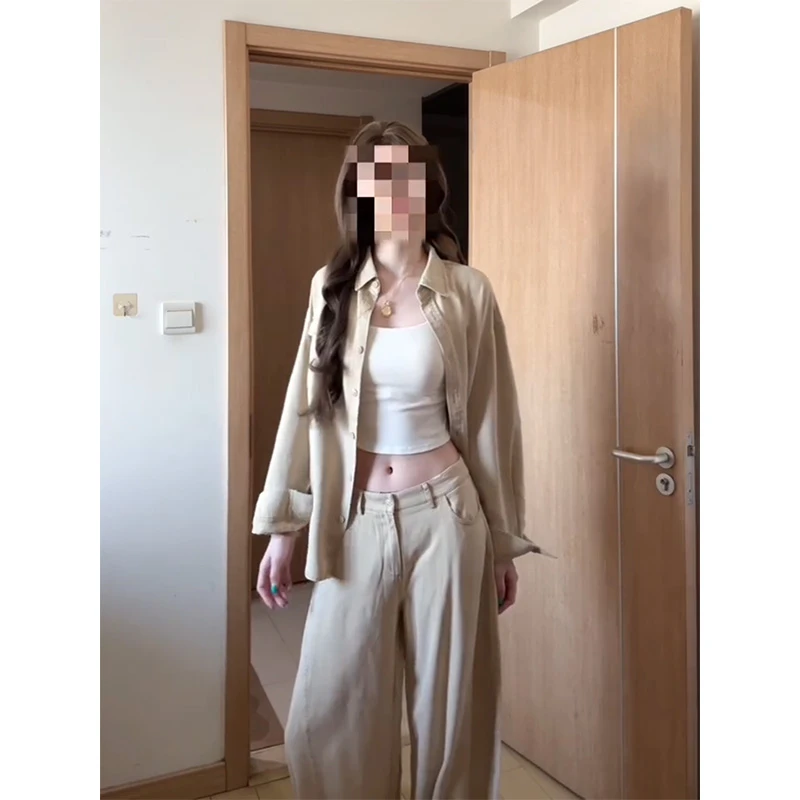 parkyeon秋季新款老钱风休闲衬衫外套上衣高腰显瘦阔腿休闲裤套装