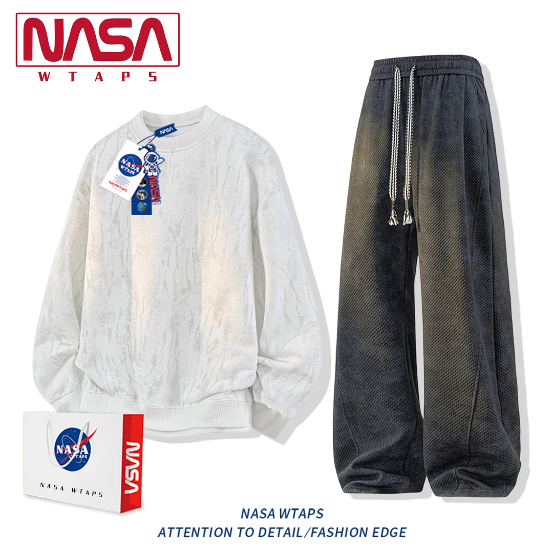 NASA WTAPS美式扎染加绒卫衣套装男款秋冬休闲潮流上衣长裤两件套