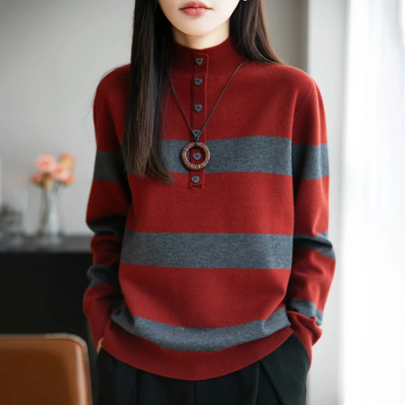 品牌女装秋冬爱心扣半高领打底衫拼色条纹毛针织衫撞色减龄毛衣女