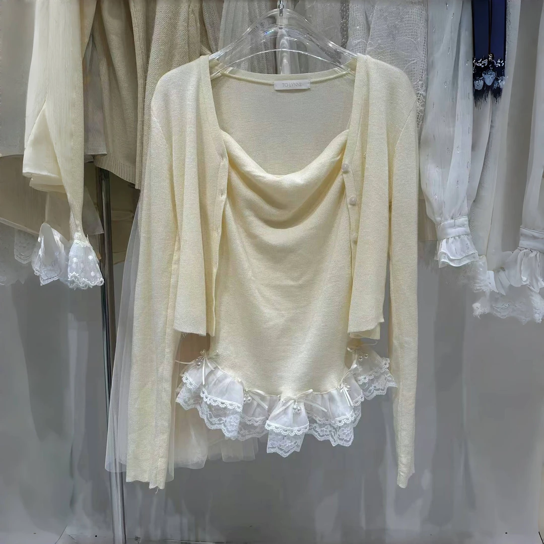 甜美蕾丝拼接蝴蝶结吊带针织衫开衫➕吊带两件套装2025女春装新款