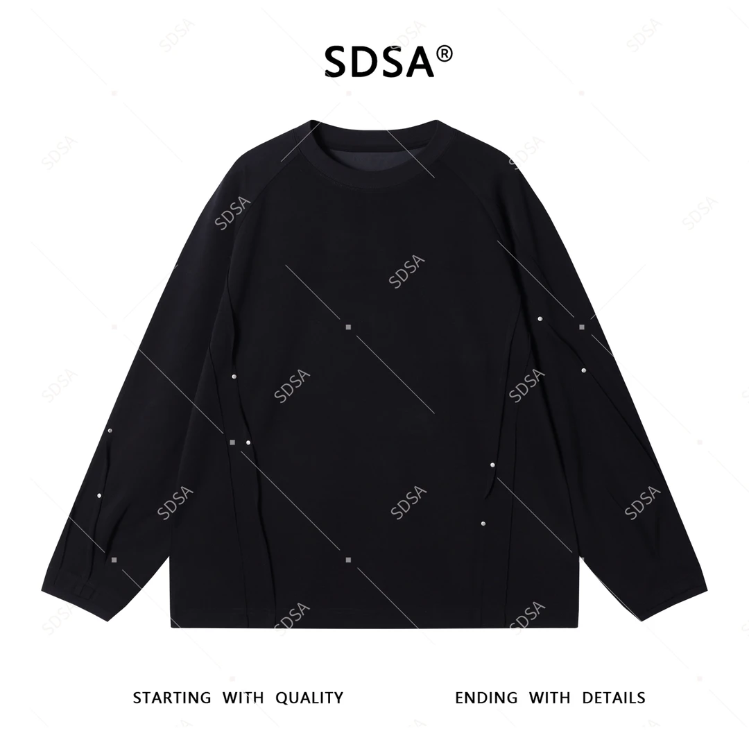 SDSA男士2025新款轻奢痞帅男装简约纯色铆钉褶皱圆领卫衣百搭舒适