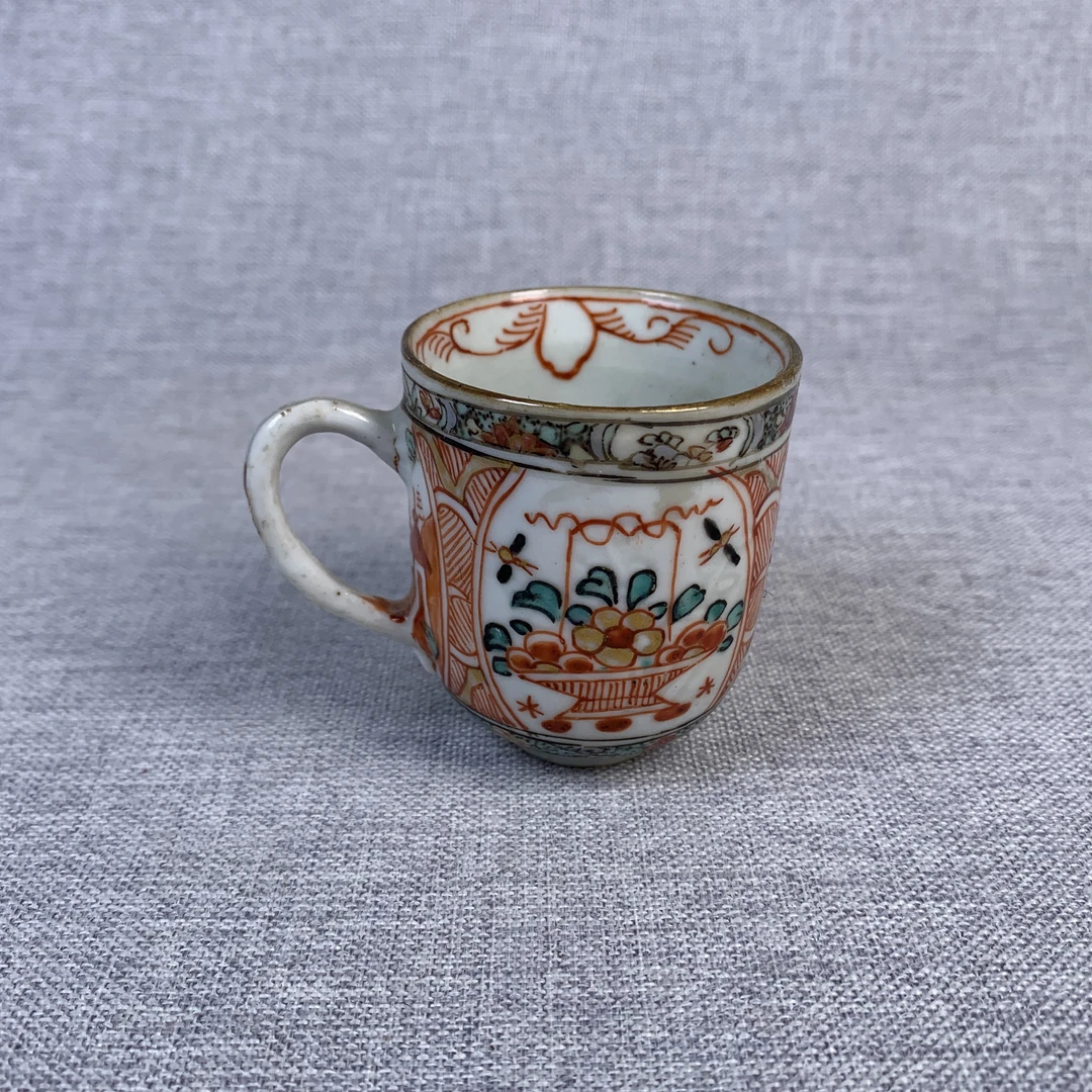 清代五彩花卉开窗把杯古瓷器真品国营镇江市文物商店库出5128345