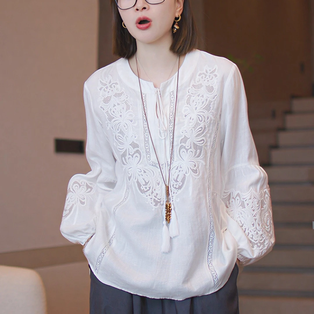 2025新款秋季时尚洋气白色蕾丝系带长袖衬衫女高级感宽松百搭上衣