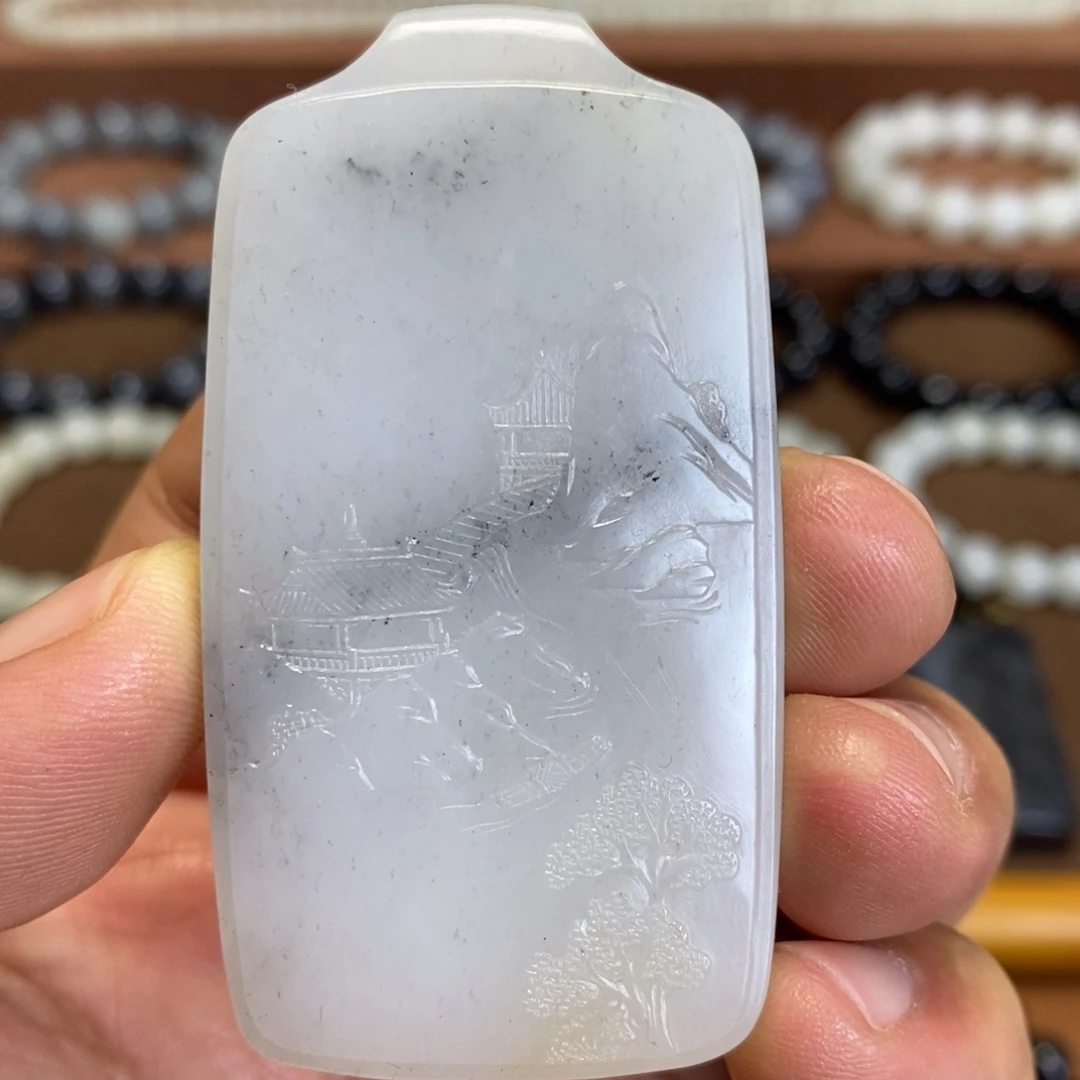 和田玉未镶嵌挂件新疆和田玉青花点墨山水挂件牌子