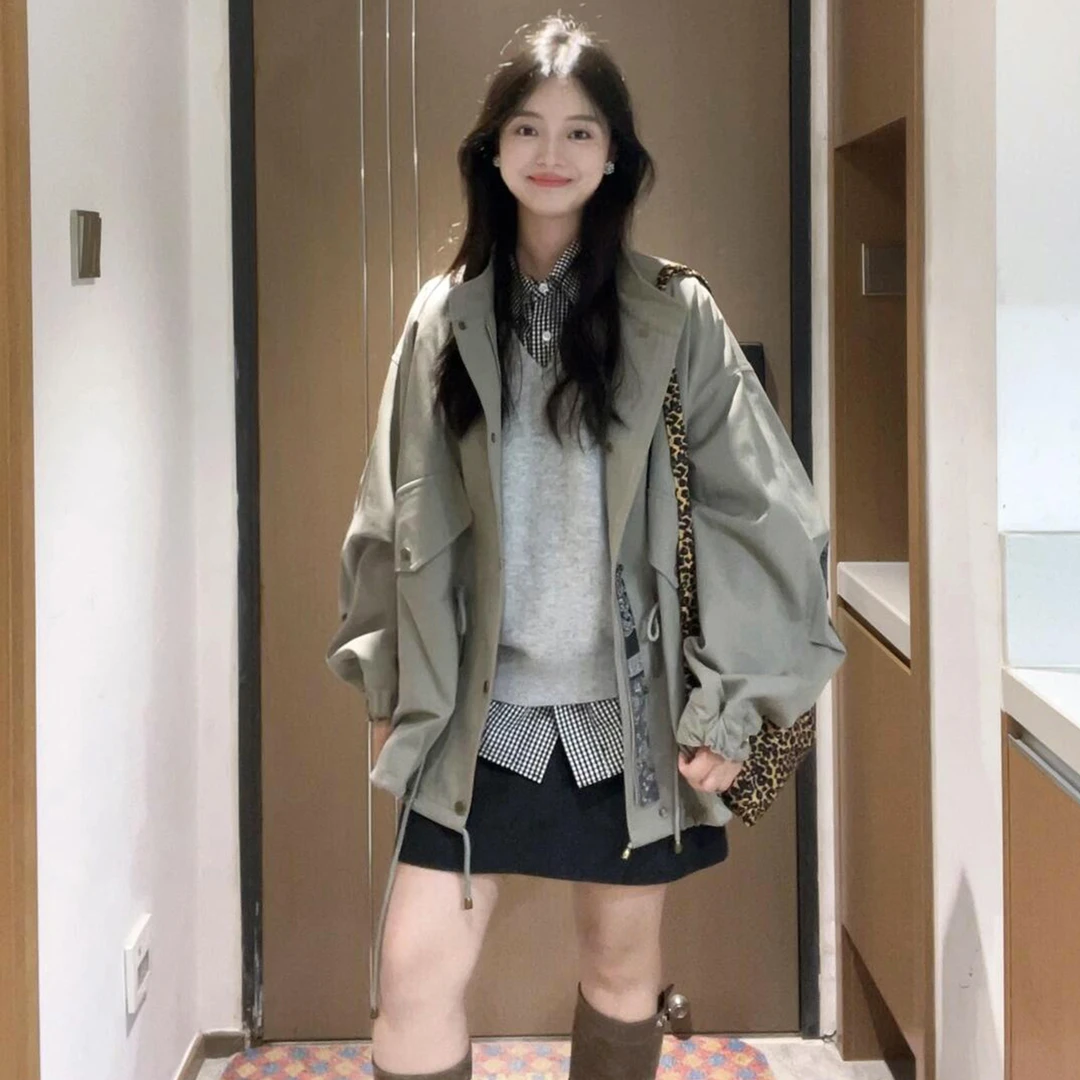 英伦风小个子宽松休闲风衣外套女2025秋季美式复古立领工装夹克潮