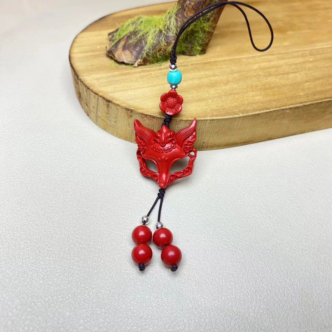 含辰砂工艺品高含量朱砂红砂设计款狐狸面具手机挂保真朱砂挂件