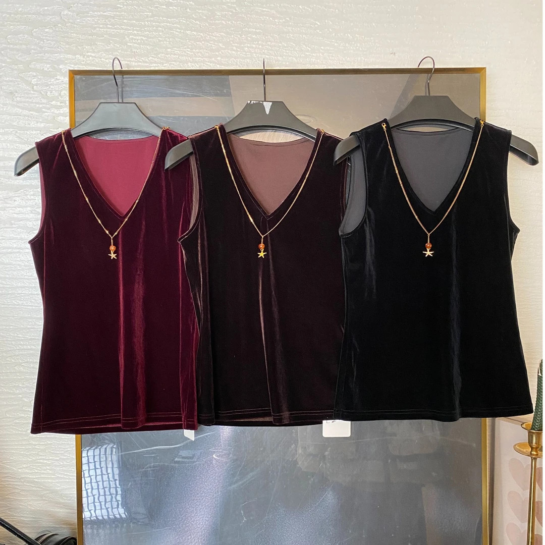 复古高级感链条装饰三色丝绒背心