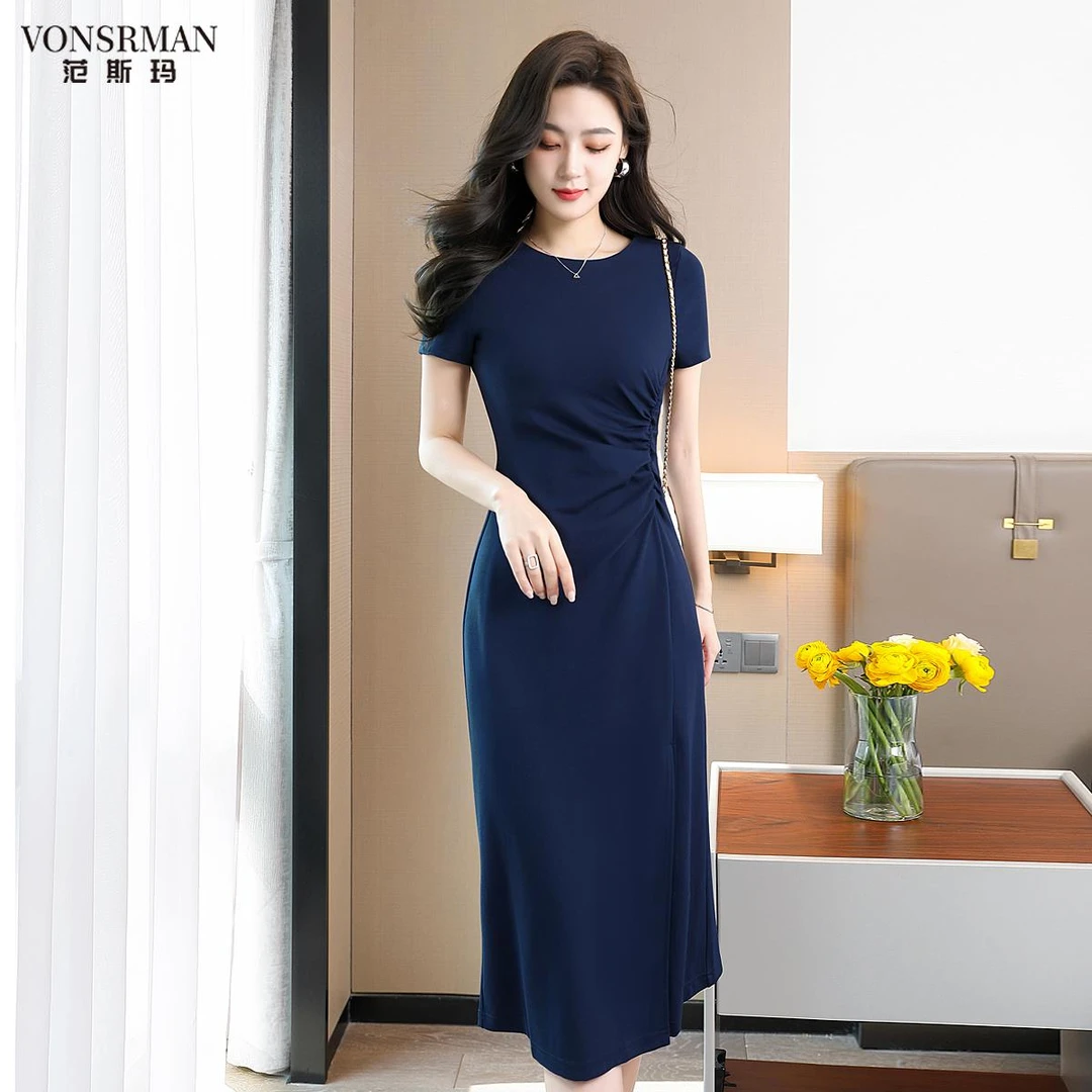 藏青色夏季新款法式优雅气质名媛风收腰显瘦抽褶圆领短袖连衣裙女