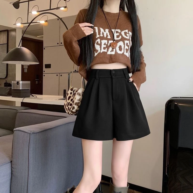 秋冬高腰松紧腰短裤大码显瘦呢料外穿短裤直筒冬季韩版休闲短裤