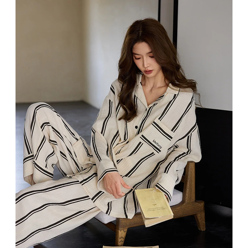 美腾梭织纯棉睡衣女春秋新款长袖条纹家居服双层纱布开衫宽松套装