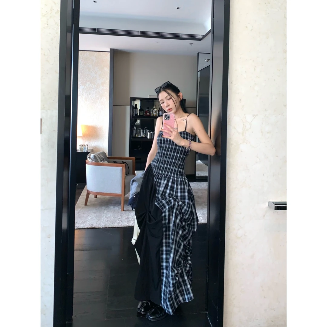 70不是七十【中古画家】初秋全棉格纹抹胸不规则下摆长款连衣裙