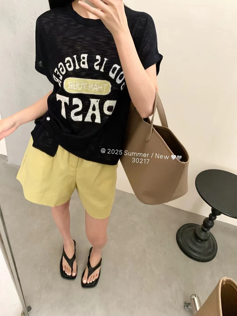 2025夏新款女士字母刺绣短袖针织衫薄款圆领宽松休闲百搭针织短袖