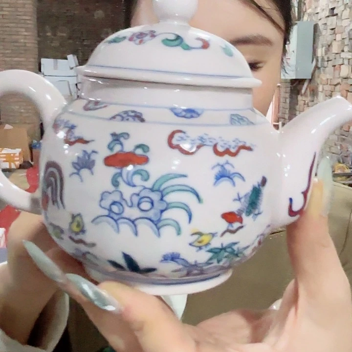 摆件陶景德镇高温陶瓷将军壶红希希小鸡图