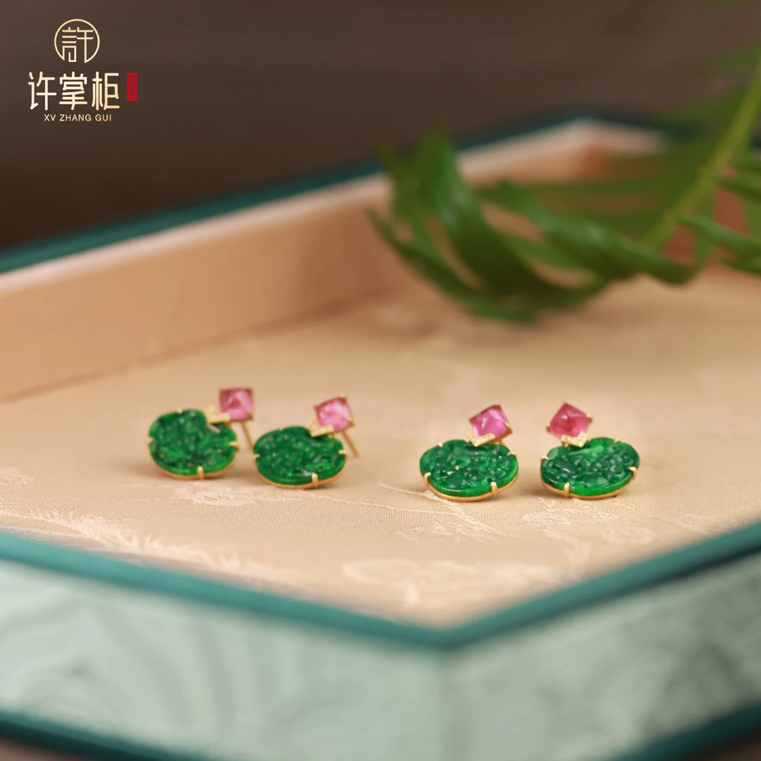 许掌柜｜瑞翠盈祥 18K金翡翠如意耳钉缅甸翡翠单件多样性随机发货