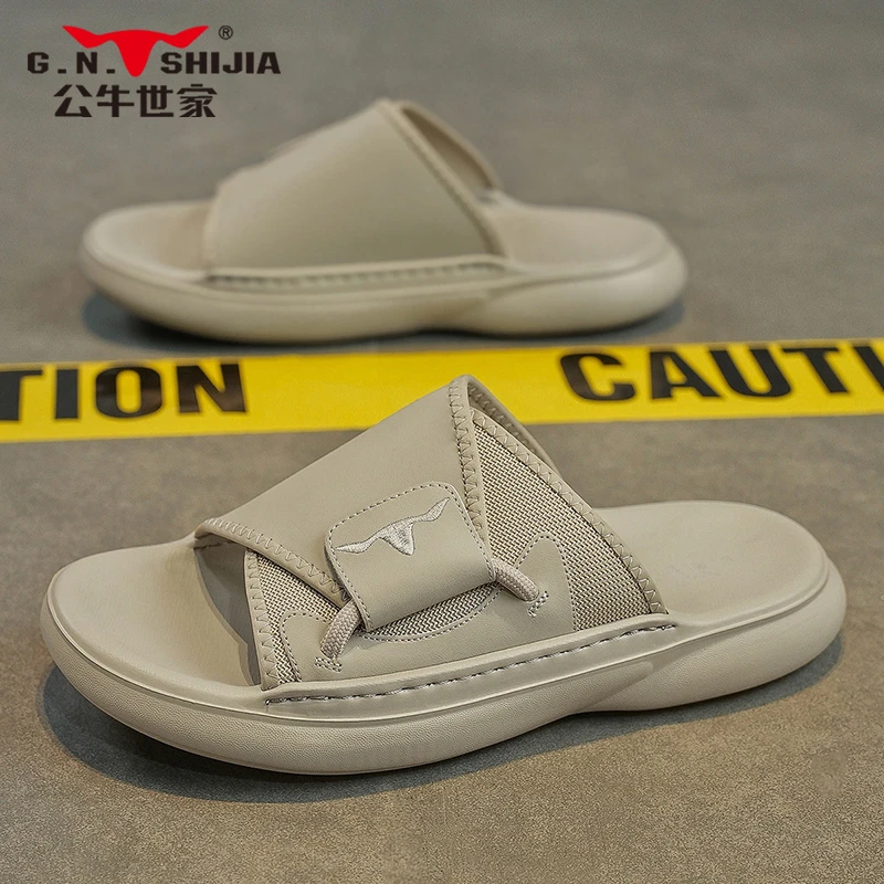 公牛世家夏季款外穿拖鞋男士厚底踩屎感沙滩软底一字拖休闲凉拖鞋