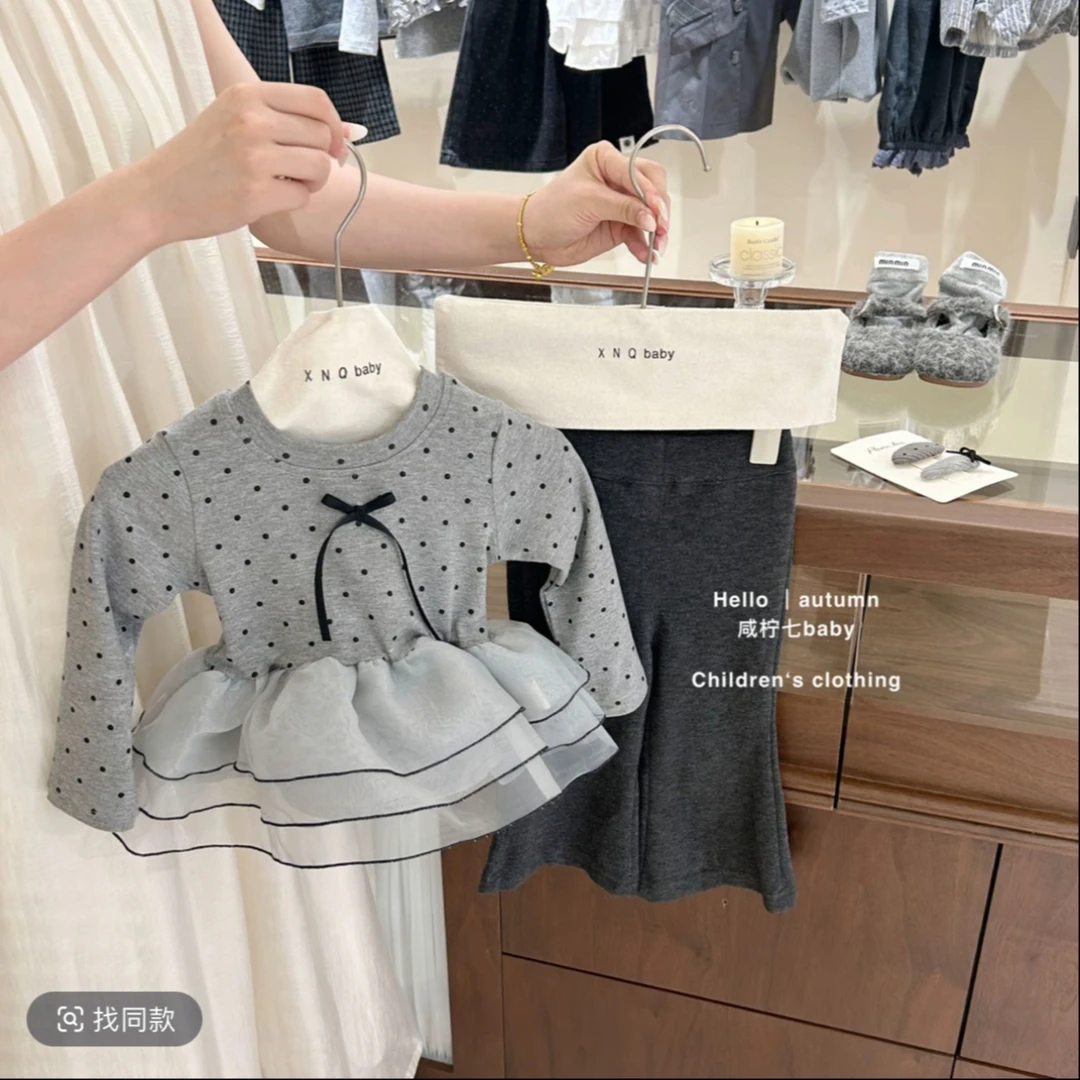 miumiu小千金~女童秋款套装25新款洋气波点设计感花边上衣喇叭裤