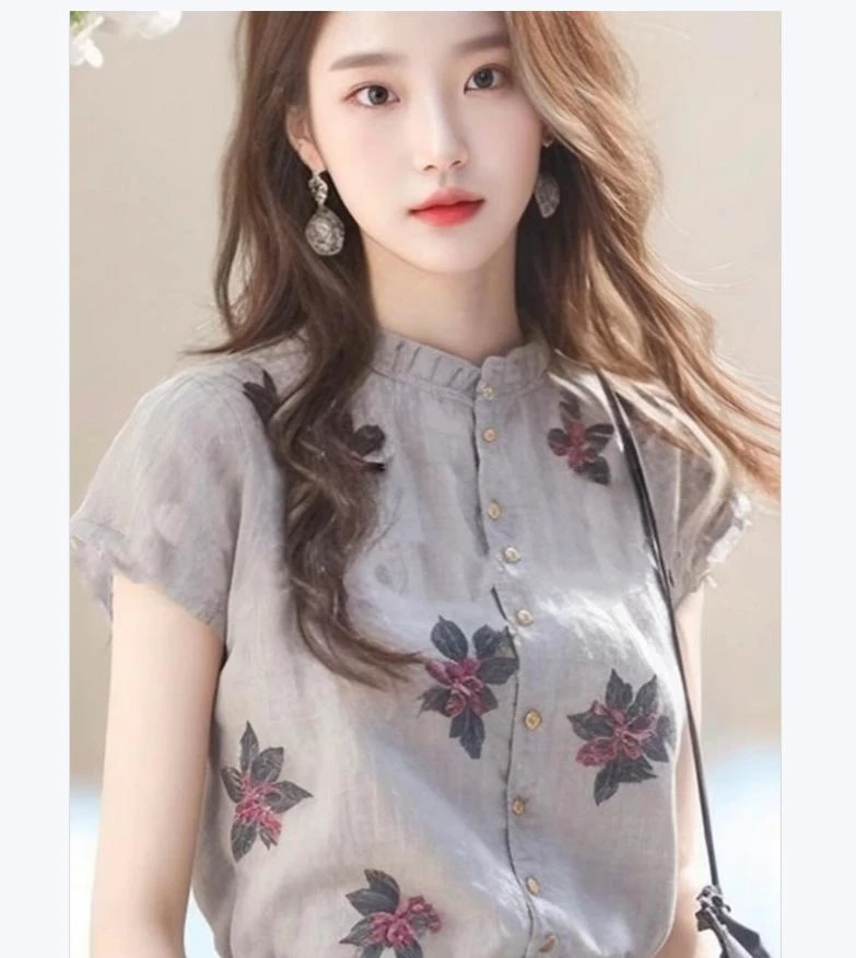 【现货】时尚洋气高端别致休闲小衫夏季新气质百搭灰色印花短袖衬衫