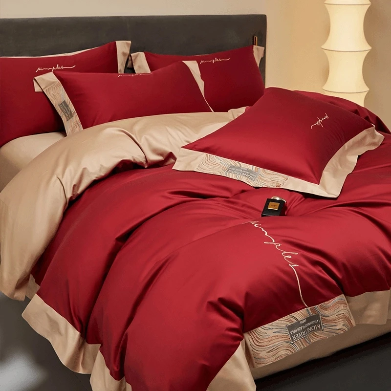 富安娜轻奢高级感红色四件套结婚床品160S全棉喜被婚庆简约婚嫁