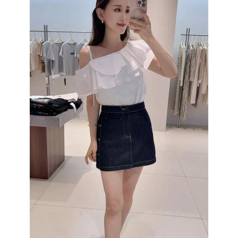 半身裙-艾家513501百搭纯色牛仔A字裙