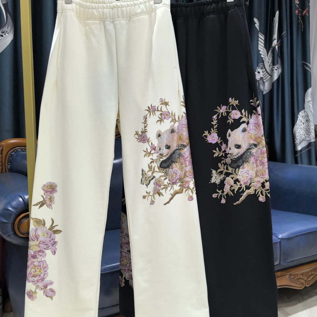 潮流熊猫刺绣烫钻新中式复古宽松休闲阔腿直筒裤