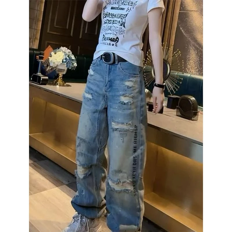 破洞阔腿牛仔裤女2025春季新款大码胖mm高腰显瘦宽松弯刀直筒裤子