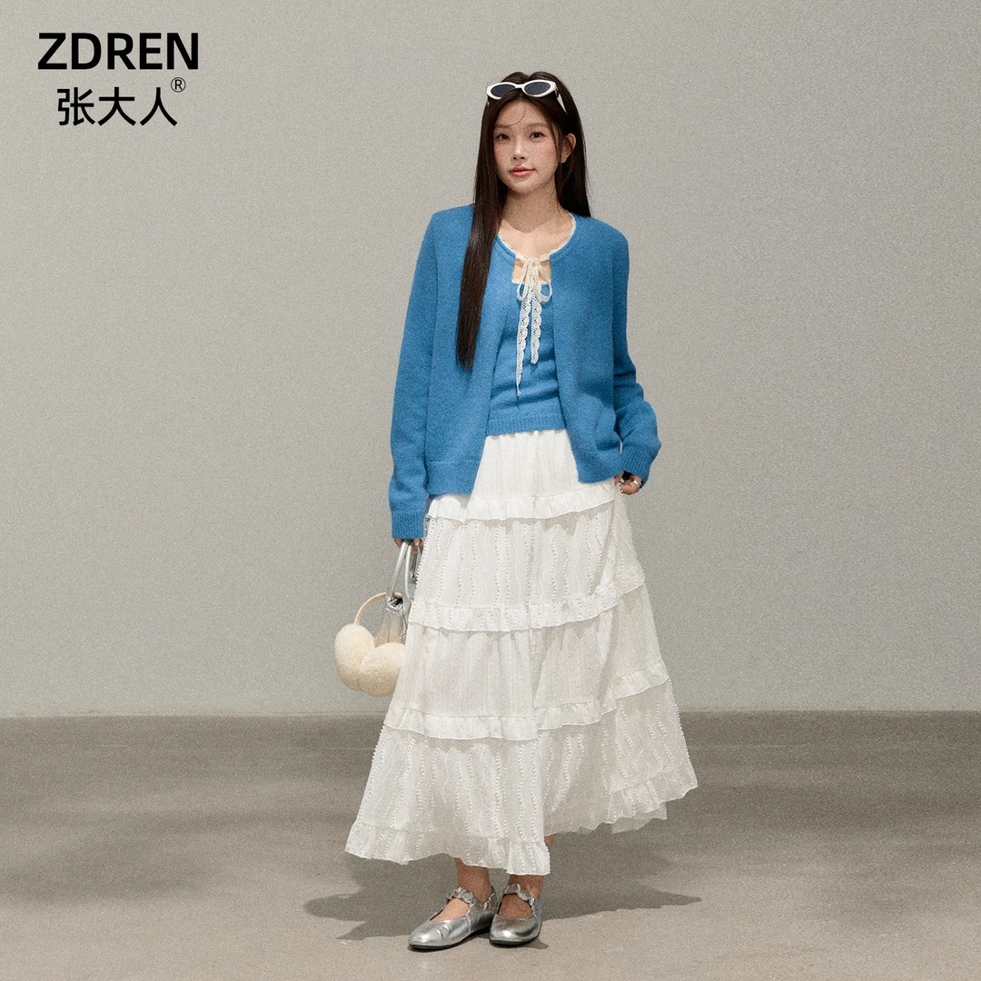 张大人【晴空漫语】大码女装微胖妹妹清新感针织开衫内搭蛋糕裙套装