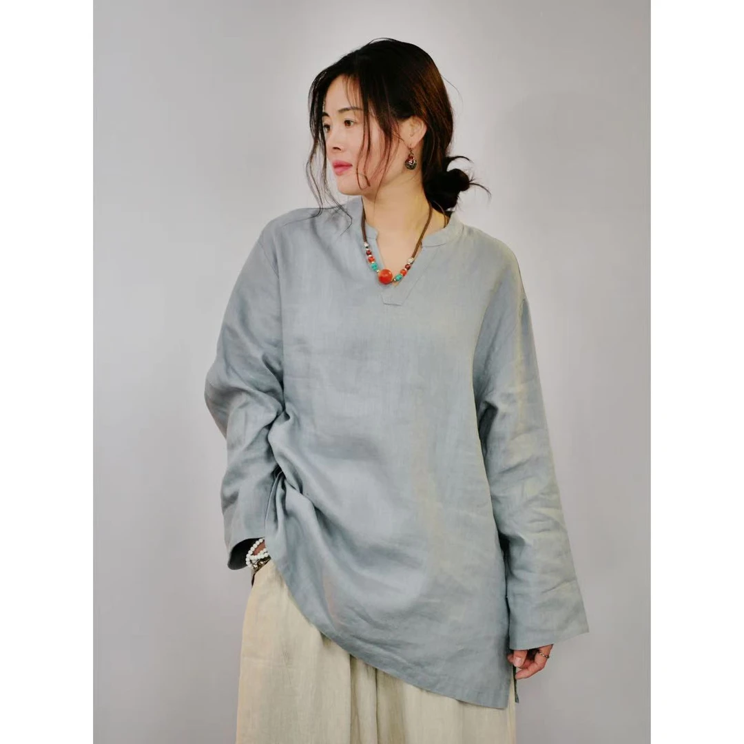 福禧·爱尼春季新款时尚百搭纯色V领汉麻衬衫1005