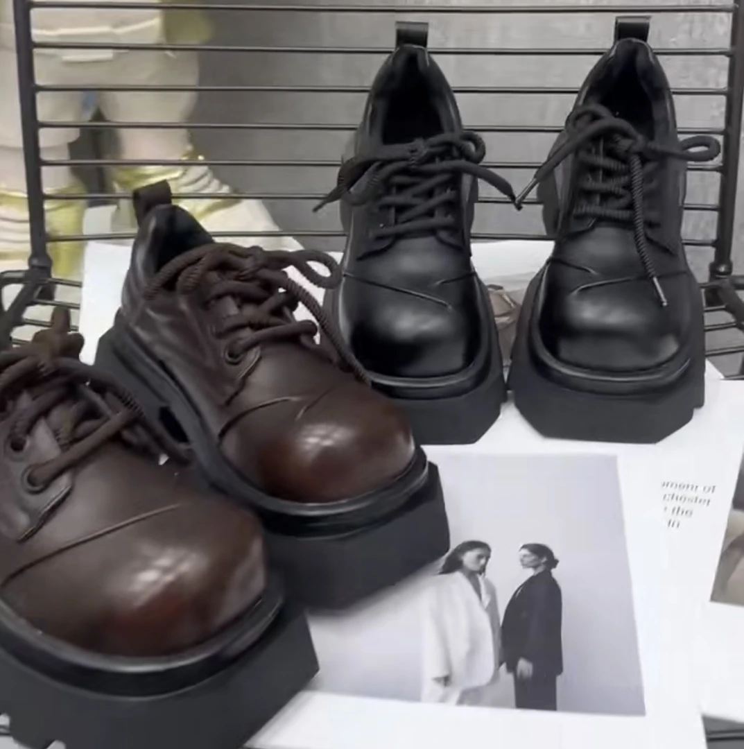 真皮松糕跟系带德比鞋大头JK小皮鞋乐福鞋英伦风布洛克加绒棉鞋女