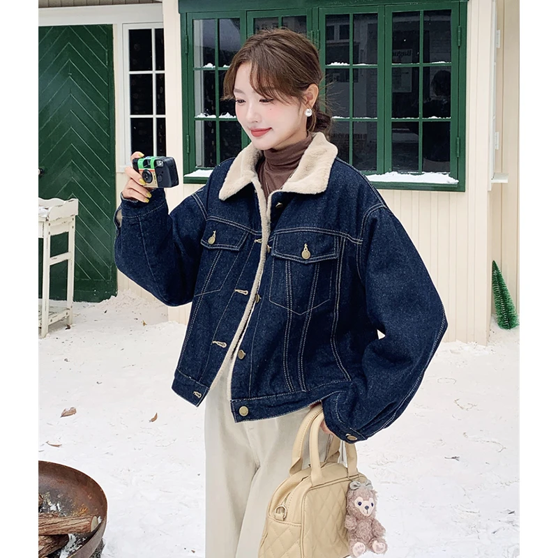 毛毛拼接加绒加厚牛仔外套女秋冬季【不掉色】2025新款美式上衣潮