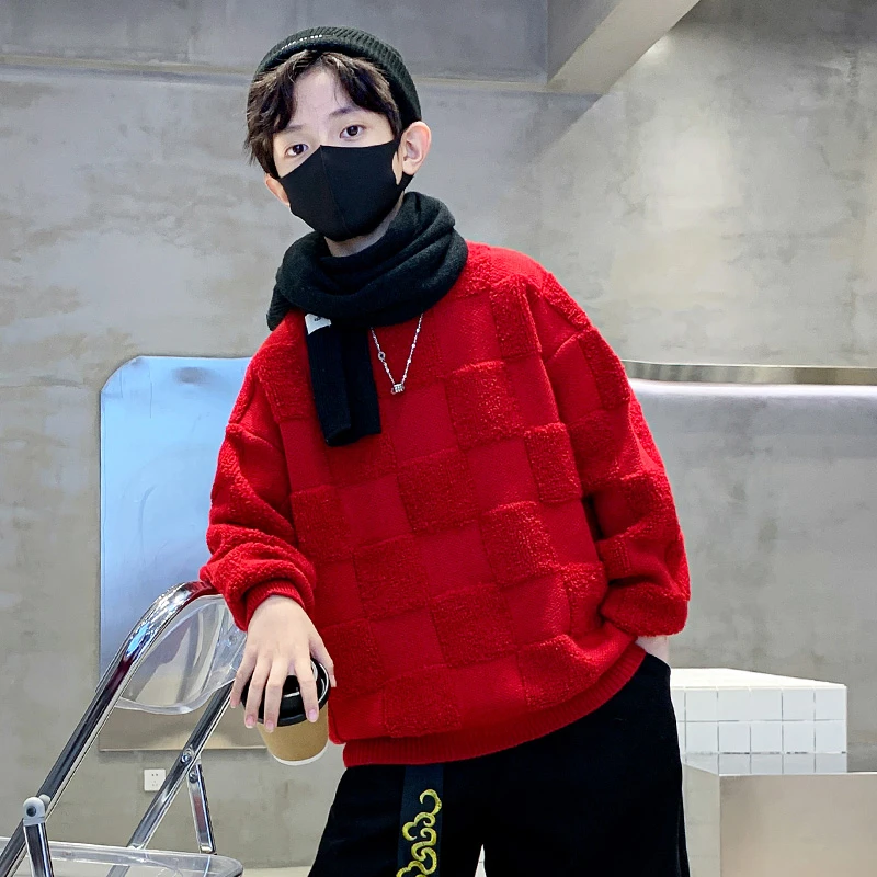 男童红色毛衣加厚秋冬款本命年2025新款儿童中大童男孩冬季拜年服