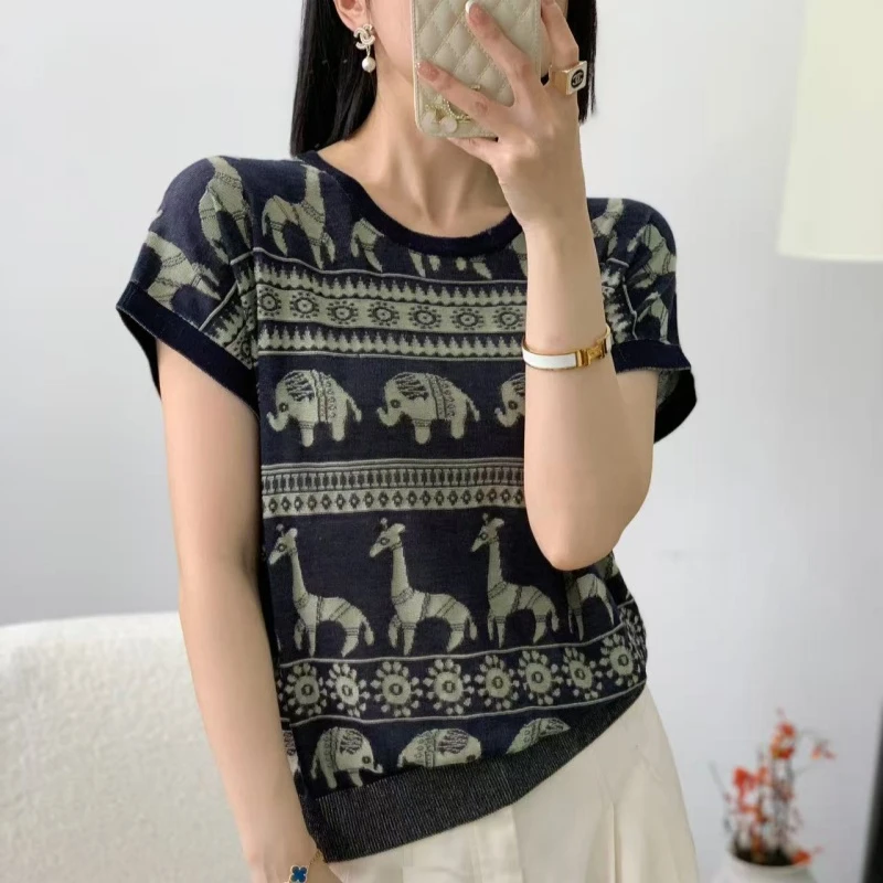 羊范夏季薄款简约100%莱赛尔天丝针织短袖女圆领宽松时尚休闲上衣