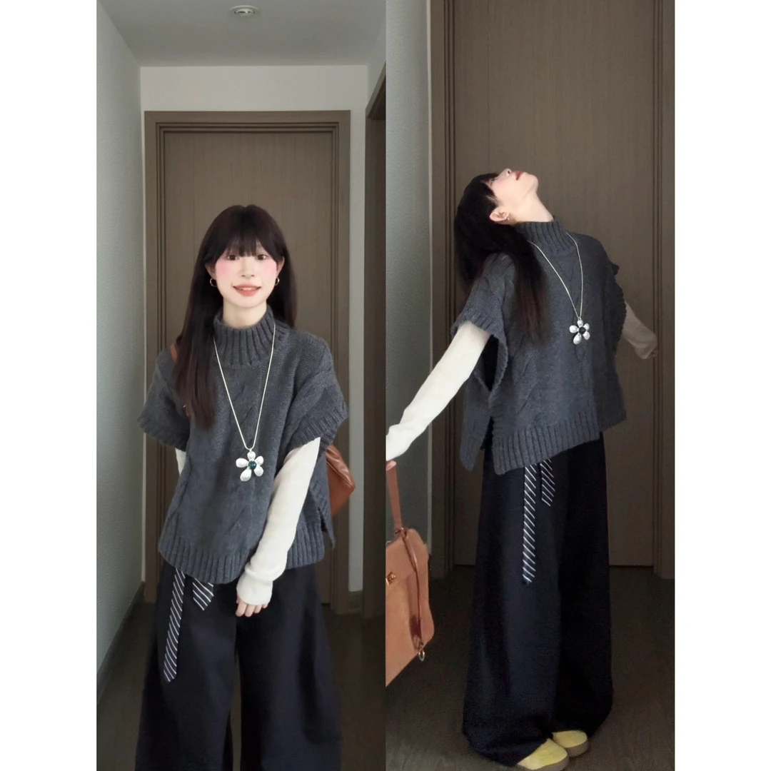 MARIE.COCO韩系慵懒风高领灰色斗篷毛衣打底衫直筒阔腿裤秋冬套装