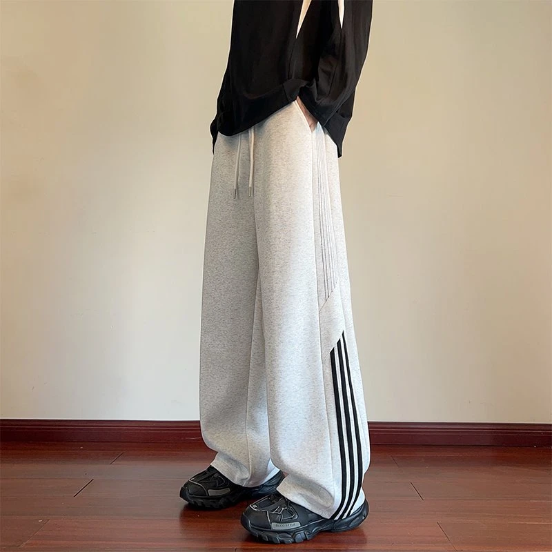 引创潮流条纹休闲裤子男秋季2025新款百搭港风宽松大码拼接长裤男