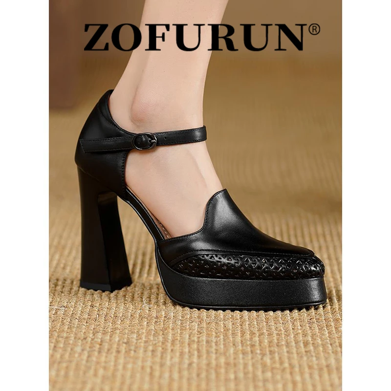 ZOFURUN罗马包头凉鞋女真皮时尚新款女士尖头粗跟防水台高跟鞋