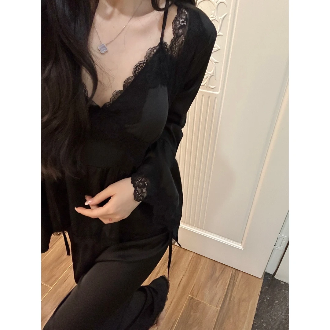 【辣妹三件套】黑色性感纯欲风蕾丝边睡衣女春秋2025新款外穿家居服