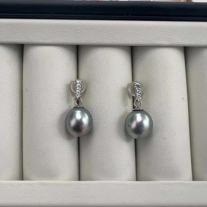 银S925镶嵌海水珍珠大溪地耳钉9-10mm
