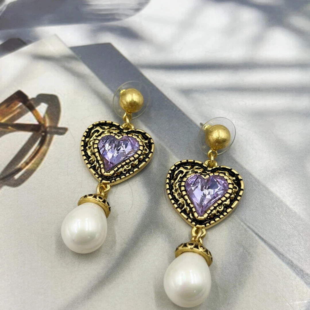 黄铜琉璃耳饰 中古首饰vintage镀18K金JYed0046复古气质时尚百搭