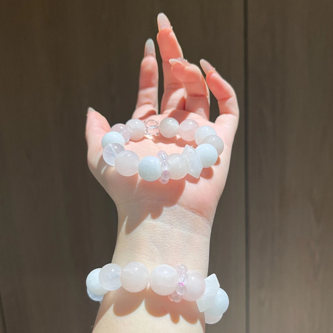 【Lunora】粉水白水招花花天然水晶手串手链12mm设计款007