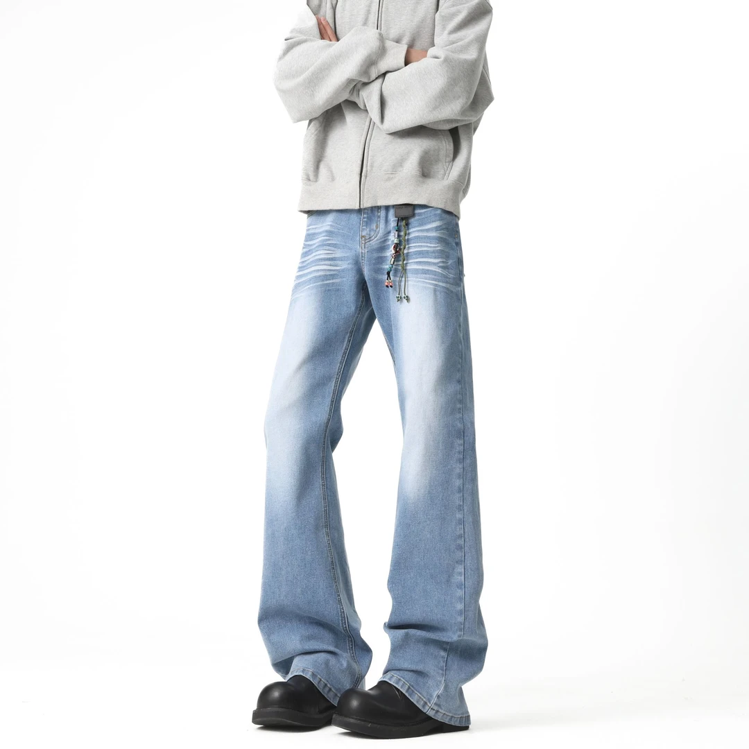 517微喇渐变蓝牛仔裤男款春秋季bootcut弯刀裤子美式高街直筒长裤