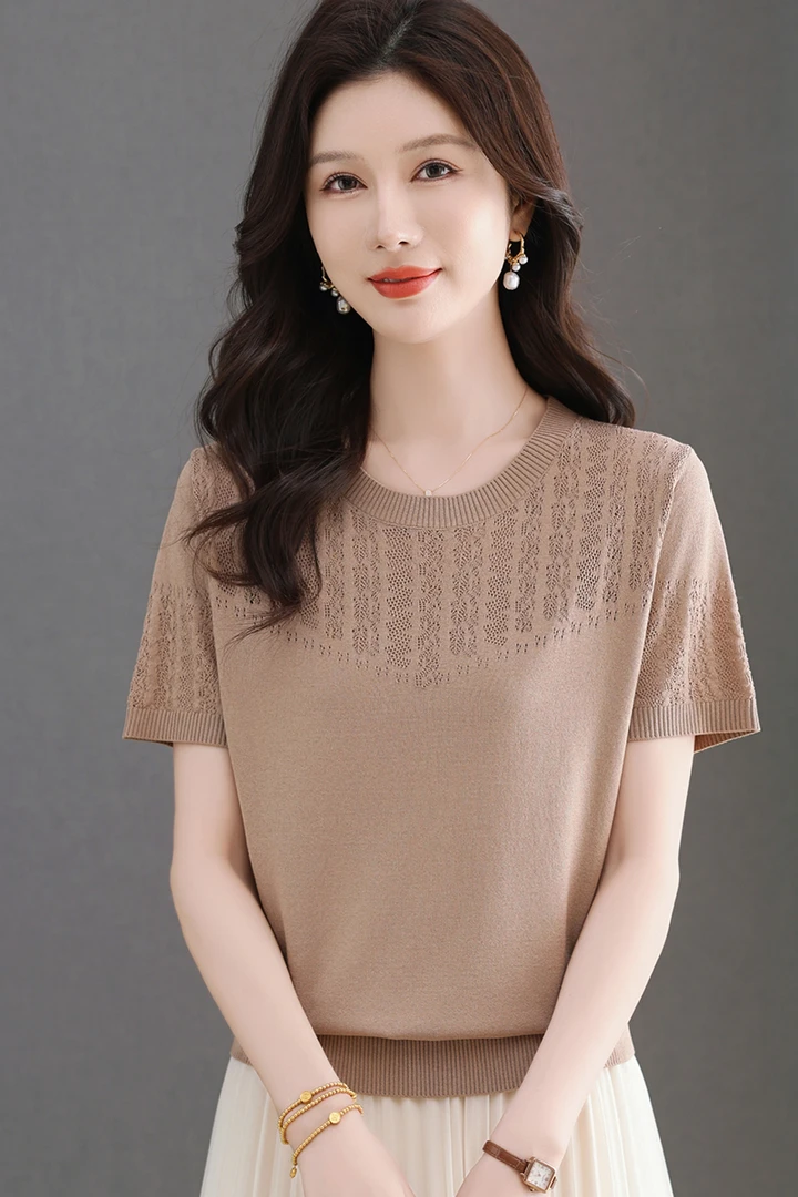 【天丝】夏季新款女士圆领短袖T恤洋气宽松显瘦针织妈妈装薄款套头