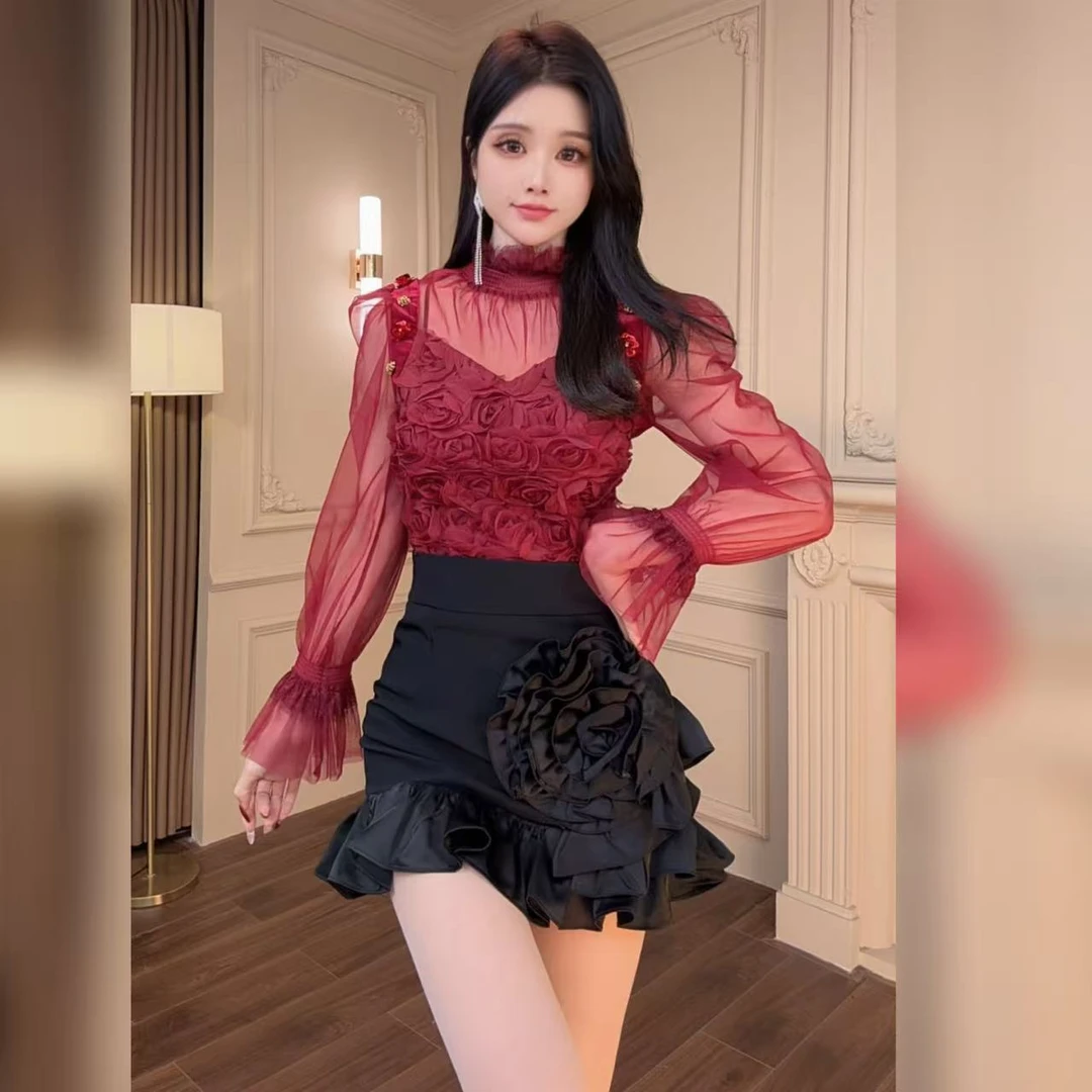 柔娜定制    显瘦百搭修身荷叶边红色设计感气质上衣91466
