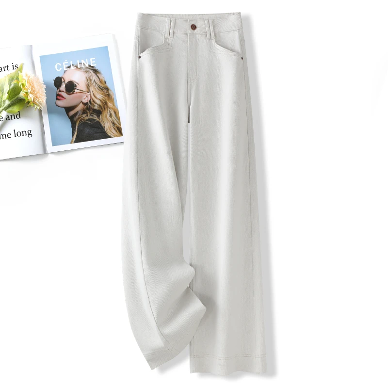 白色阔腿牛仔裤女2025新款秋季显瘦高腰复古宽松垂感窄版直筒裤子