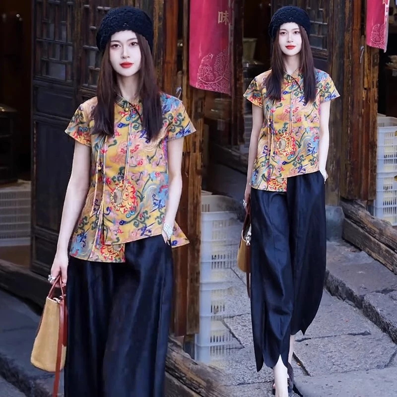 新中式时尚套装女2025夏季新款洋气盘扣斜襟衬衫阔腿裤气质两件套