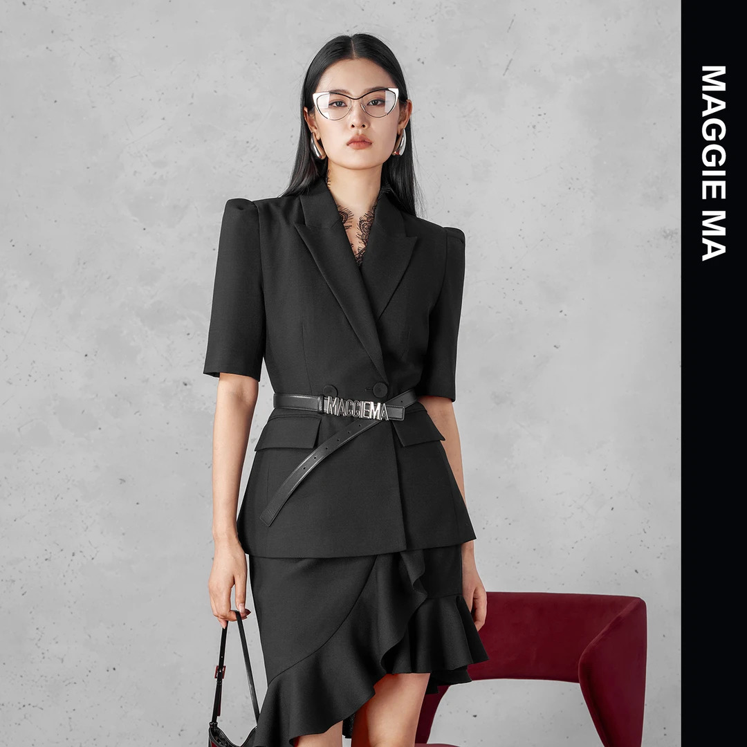 MAGGIE MA马婧设计师款黑色干练西装曼妙鱼尾半裙套装345C/346B