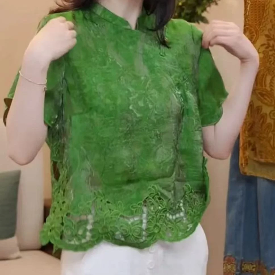 2025夏季新款百搭显瘦气质时尚下摆镂空短袖上衣