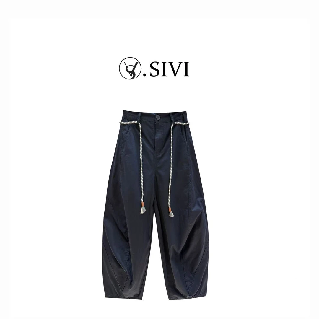 熙薇100-棉夏季拼接阔腿休闲潮流显瘦抽绳百搭工装萝卜裤H3001