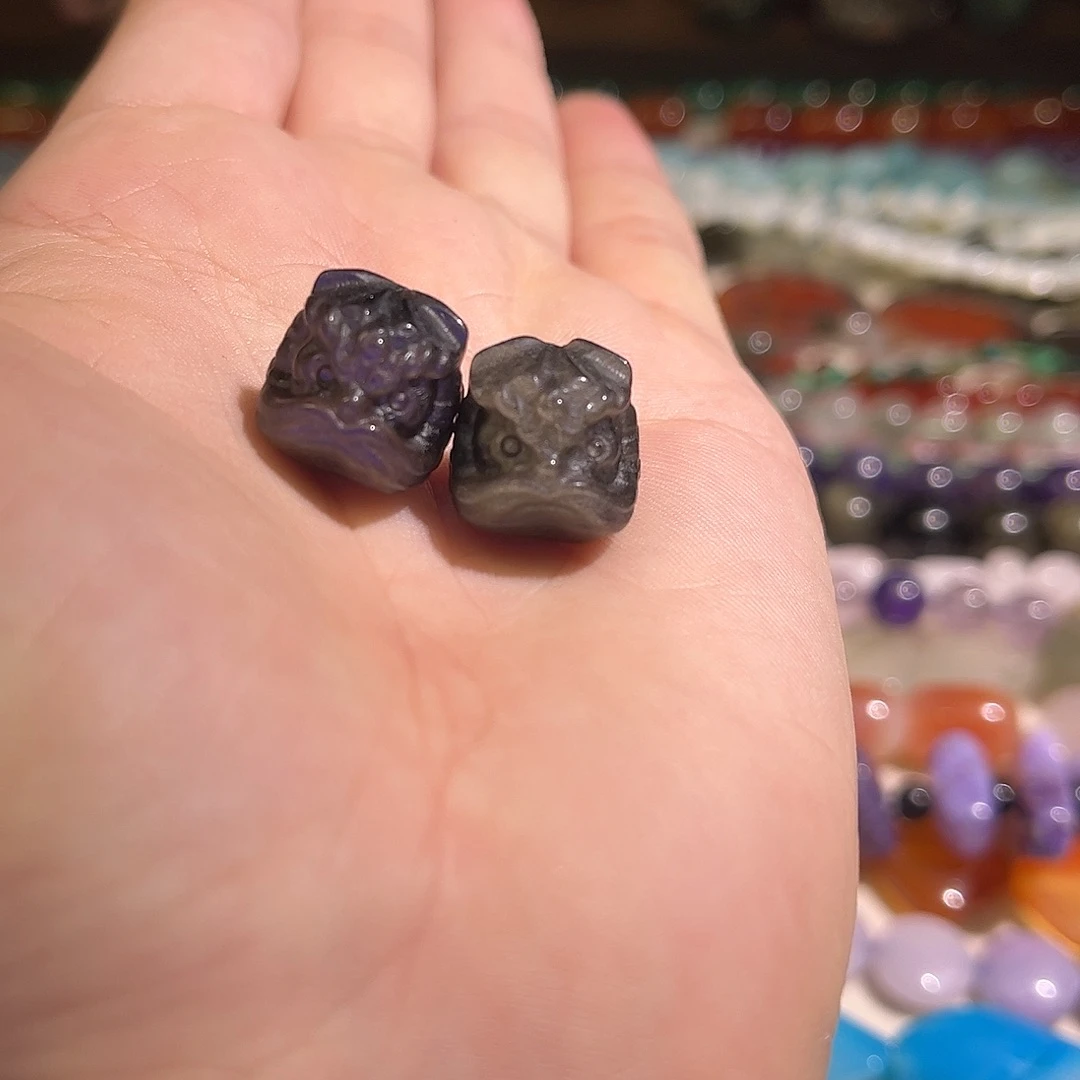 珠宝半成品水晶未镶嵌银曜石狮头一对