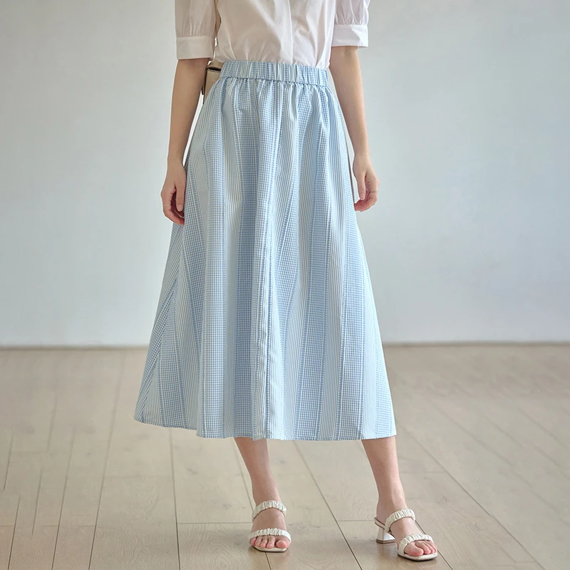 原水拼接格子松紧半身裙女夏2025新款夏日绝美遮胯显瘦伞裙D56007