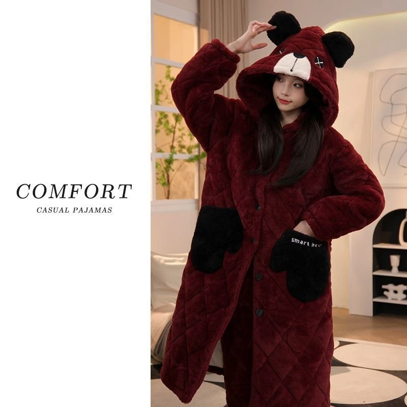三层夹棉睡袍女珊瑚绒加绒加厚款保暖睡衣女2025年秋冬家居服套装