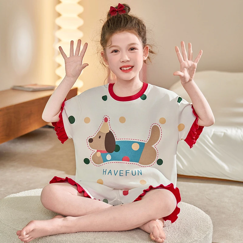 儿童睡衣女夏天纯棉短袖套装女童圆领薄款卡通小女孩家居服66468